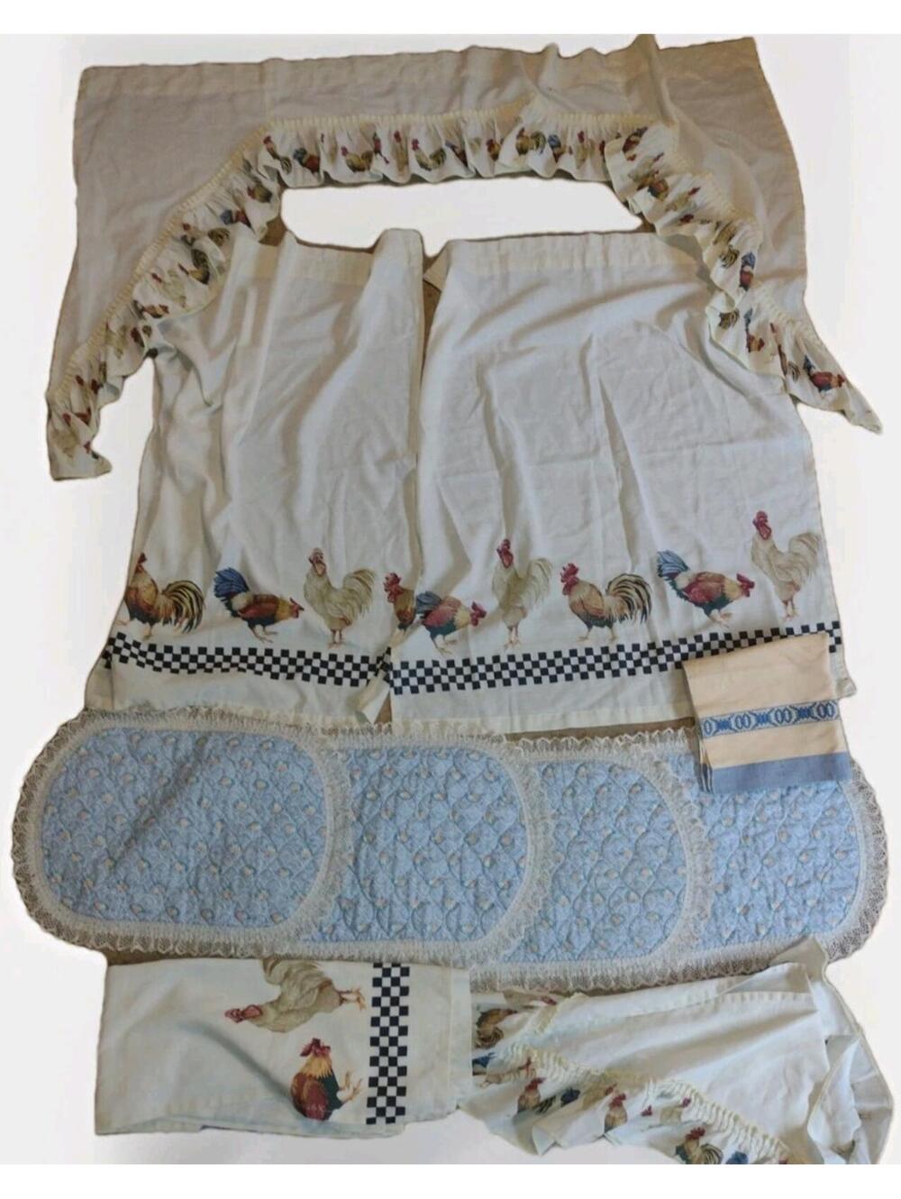 Vintage Rooster Café Curtains Valances Placemats Towel Farmhouse Kitchen Lot